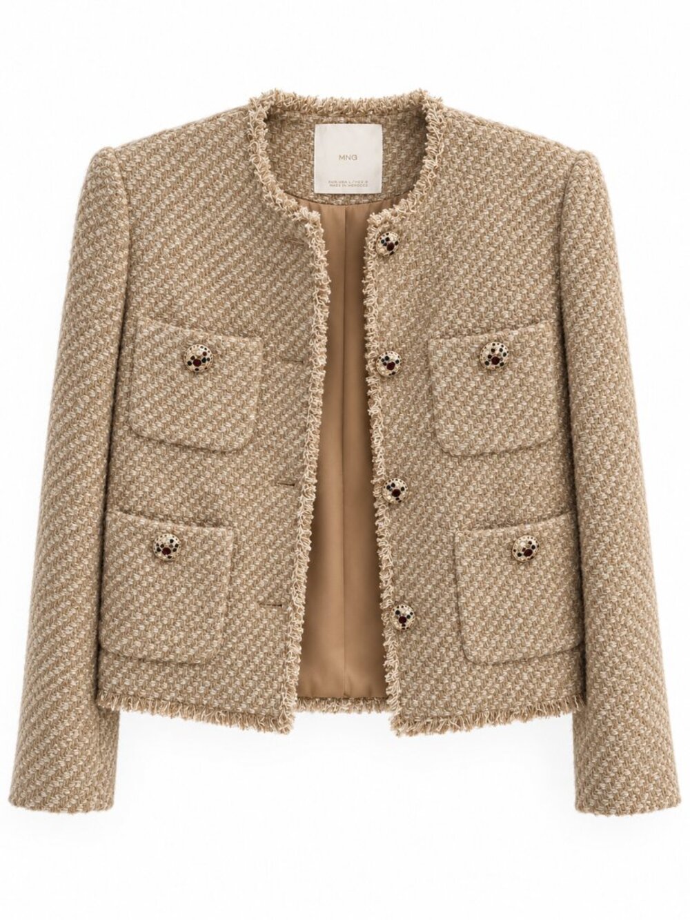 Mango Tweed Lady Jacket Beige Jeweled Buttons Fringe Size L NWOT